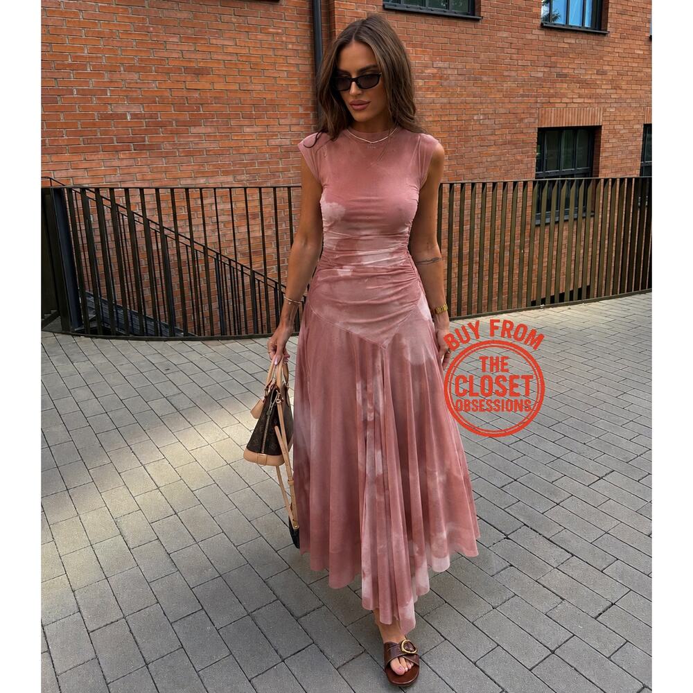 Zara NWT Pink Ruched Tulle Asymmetrical Midi Dress M - Picture 10 of 16